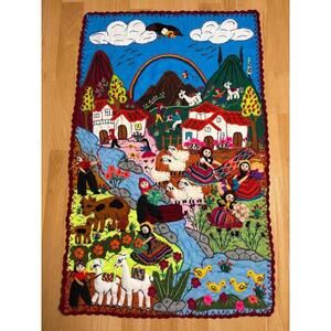 Boho Arpillera Wall Hanging from Peru 3D Village Embroidered Textile Art 20"x30"
